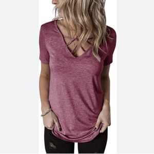 NWOT Topstype Short Sleeve V-Neck T-Shirt Tunic Criss-Cross Top Loose Fit LG